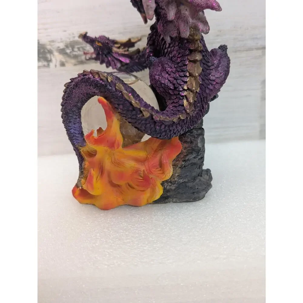 Purple Dragon Wizard Crystal Ball Resin Figurine Statue Fantasy Flames Glitter‎